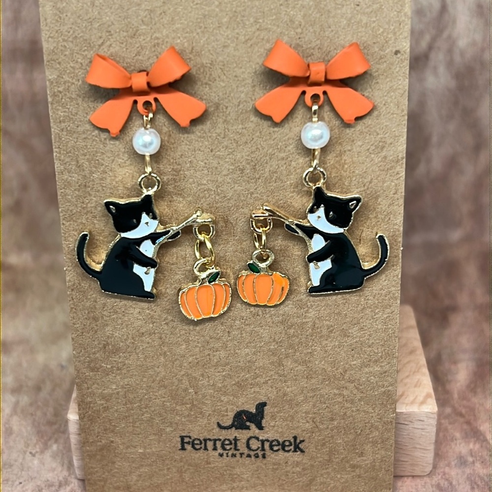 Tuxedo Cats and PUMPKINS orange bow essential Fall earrings